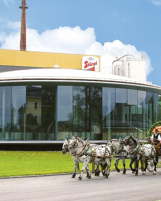 Pferdegezogener Bierwagen vor modernem Stiegl-Brauereigebäude in Salzburg